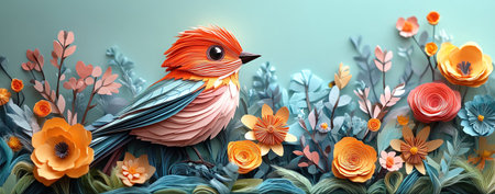 Adorable papercrafted bird with vibrant feathers, surrounded by colorful flowers in a whimsical gardenの素材