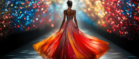 Fashion model walking on the runway in a lively dress during a fashion show eventの素材