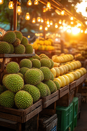 Fresh durians on display at an outdoor market, bathed in warm, golden sunlightの素材