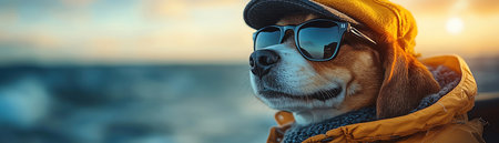 A beagle dressed as a ship captain, wearing a captains hat and sunglasses, sailing at sea, humorous vibeの素材