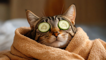 A cat with cucumber slices on its eyes, wrapped in a towel for a spa dayの素材