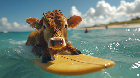 A cow casually riding a surfboard on a clear turquoise sea under a sunny skyの素材