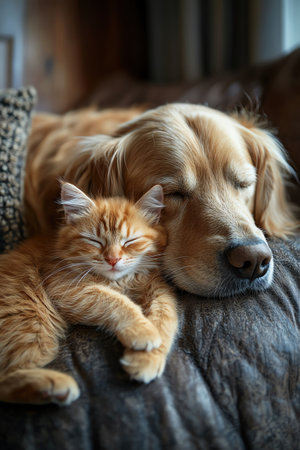 A kitten resting on a sleeping dog, creating an adorable moment of comfortの素材