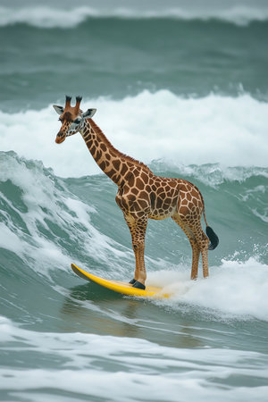 A giraffe surfing on a yellow board, enjoying the ocean wavesの素材