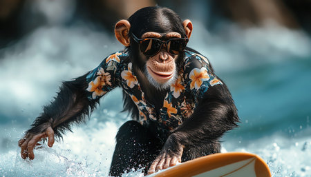 A chimpanzee rides a surfboard, wearing sunglasses and a floral shirtの素材