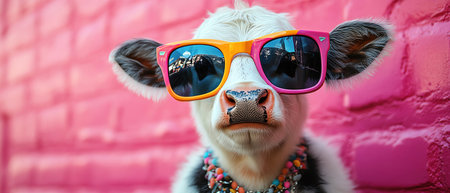 A cool cow wearing colorful sunglasses and a necklace, posing against a bright pink backgroundの素材