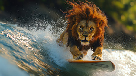 A lion confidently rides a surfboard on a wave, symbolizing strength and adventureの素材