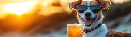 A happy dog on the beach at sunset, wearing sunglasses and holding a tropical drink, vibrant and lively atmosphereの素材
