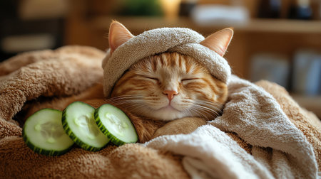 A ginger cat enjoying a spa day, complete with cucumber slices and a towel turbanの素材