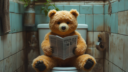 A plush bear sitting on a toilet reading a newspaper in a tiled bathroom, humorous and cozyの素材