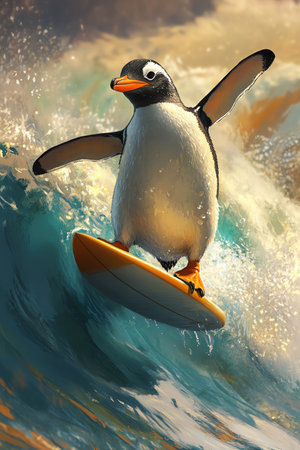 A penguin rides a surfboard with perfect balance, gliding across a gentle waveの素材
