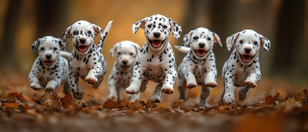A group of playful Dalmatian puppies joyfully running through a leafy parkの素材