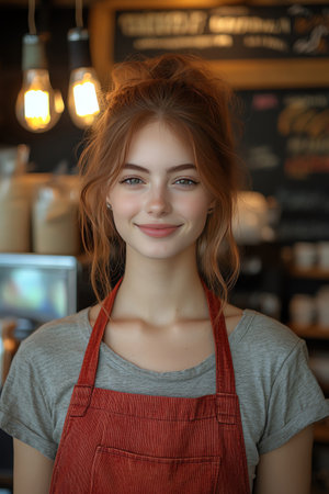 Barista in red apron smiling, warm coffee shop ambiance, soft lighting, friendly and inviting atmosphereの素材