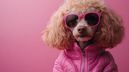 A poodle in a stylish pink outfit and sunglasses, posing against a pink backdropの素材