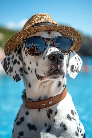A stylish Dalmatian wearing sunglasses and a hat, relaxing by the pool under bright blue skiesの素材