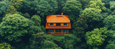 Aerial view of a house surrounded by lush green trees, vibrant colors, overhead angle, summer afternoonの素材