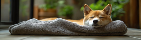 A Shiba Inu in a spalike setting, draped in a towel, with a luxurious bathroom backdropの素材