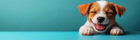 Adorable puppy winking and smiling, playful expression, bright blue backgroundの素材