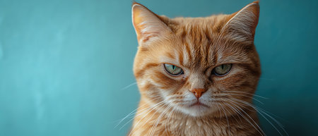 An angry cat with a grumpy expression, centered closeup shot against a blue gradient backgroundの素材