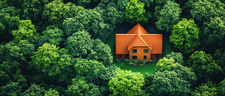 Aerial view of a house surrounded by lush green trees, vibrant colors, overhead angle, summer afternoonの素材