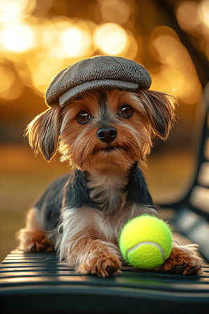 Adorable Yorkie wearing a flat cap, lying beside a tennis ball on a park bench, golden hour sunlight with a soft bokeh backgroundの素材