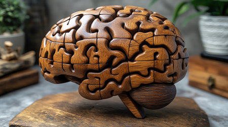 A wooden brain puzzle assembled on a table with a textured dark backgroundの素材