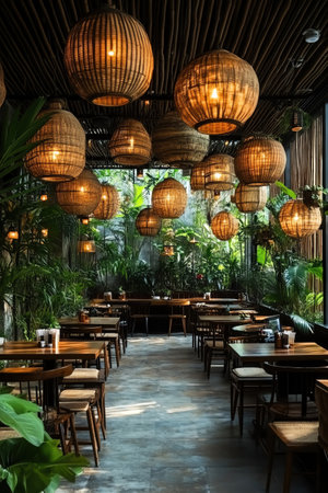 Bamboothemed restaurant interior with natural light, lush plants, and cozy atmosphereの素材