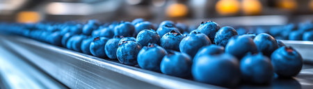 Blueberries on a production line, vibrant colors, cool industrial lighting, clean and orderly processing facilityの素材