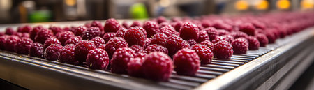 Berries moving on a conveyor belt in a modern factory, ready for processingの素材