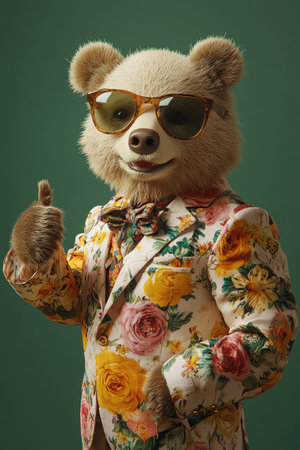 Bear dressed in a floral suit, wearing sunglasses, giving a thumbs up against a green backdropの素材