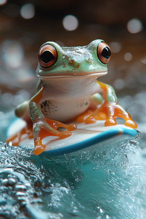 Colorful frog riding a surfboard on a bright blue ocean waveの素材
