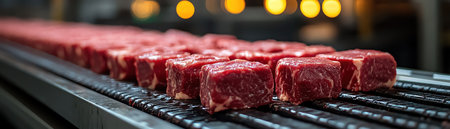 Conveyor belt with raw beef cuts, stainless steel machinery, bright industrial lighting, meat processing plantの素材