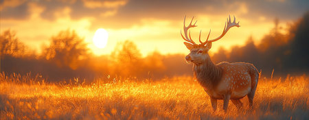 Deer grazing in a golden meadow bathed in the warm glow of sunsetの素材