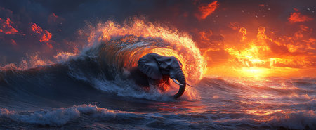 Elephant surfing a huge wave at sunset, dramatic and surreal scene, vibrant colorsの素材