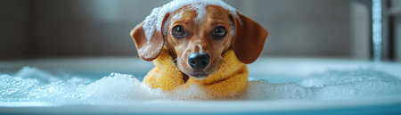 Dachshund in a robe, surrounded by bubbles, ready for a bath in a cute bathroomの素材