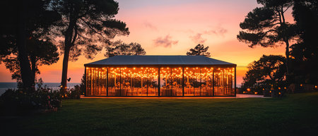 Elegant outdoor wedding tent at sunset, warm string lights, romantic atmosphere, wide shot, evening skyの素材