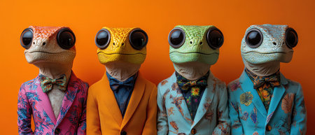 Four stylish dinosaurs in colorful suits against a vibrant orange backgroundの素材