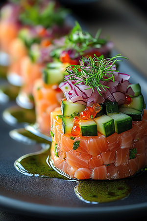 Gourmet dish of tuna tartare with garnish, beautifully plated, vibrant colors, fine dining presentationの素材