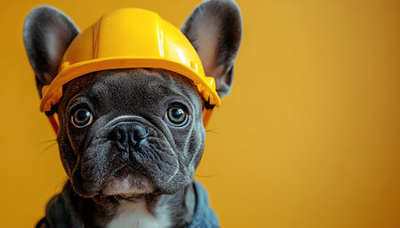 French Bulldog wearing a yellow hard hat, serious expression, bright yellow background, cute and funnyの素材