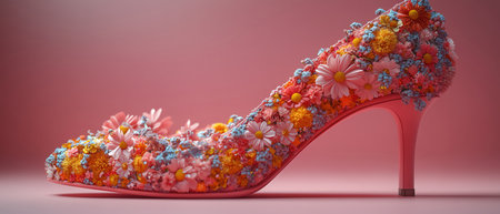 Floral high heel shoe design, covered in delicate flowers against a pink backgroundの素材