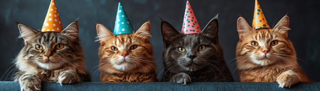 Four happy cats in party hats, posing together with festive expressionsの素材