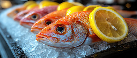 Freshly caught fish on ice, garnished with lemon slices, showcasing vibrant colorsの素材
