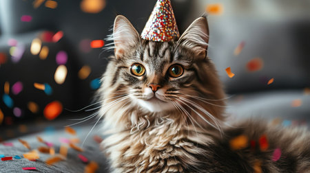 Fluffy cat with a party hat surrounded by confetti, joyful and whimsical atmosphereの素材