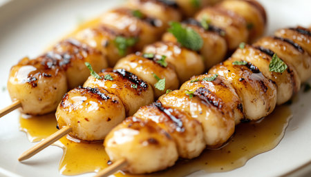 Grilled banana skewers drizzled with honey, garnished with mint, served on a white plate, soft natural lightの素材