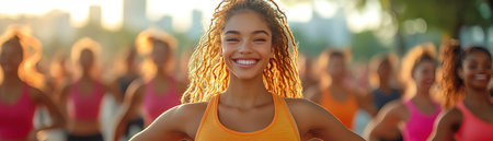 Outdoor fitness class with joyful participants, energetic movements, cityscape in the backgroundの素材