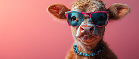 A cool cow wearing colorful sunglasses and a necklace, posing against a bright pink backgroundの素材