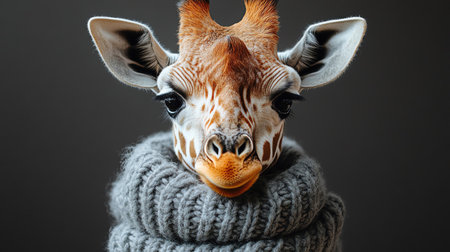 A stylish giraffe wearing a warm scarf, frontfacing portrait with a neutral grey backgroundの素材