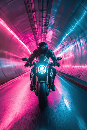 A motorbike racing through a neonlit tunnel, leaving streaks of pink and blue lightの素材