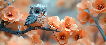 Adorable papercrafted owl perched on a branch, surrounded by soft orange flowers, dreamy atmosphereの素材