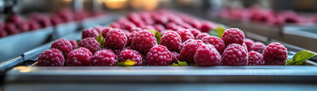 Berries moving on a conveyor belt in a modern factory, ready for processingの素材
